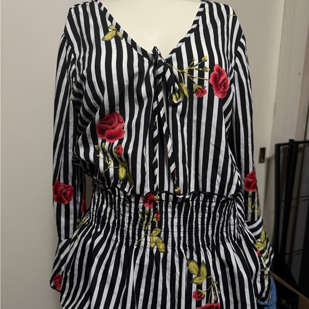 Striped Floral Blouse with Red Accents